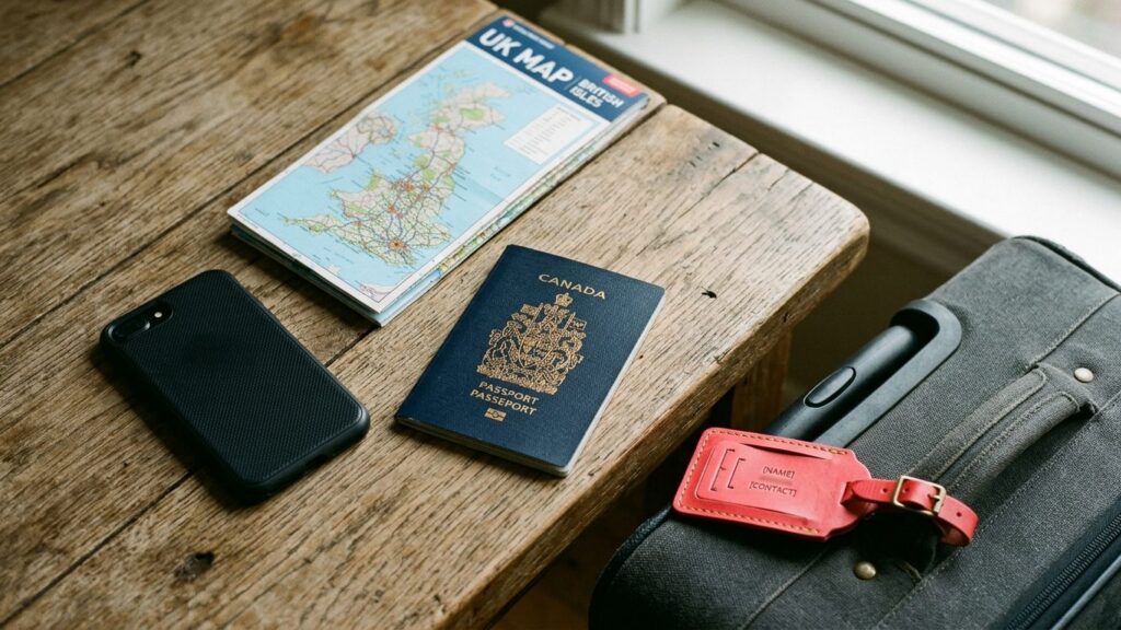 Flat lay of a Canadian passport, smartphone, folded UK map and a red luggage tag on a suitcase handle