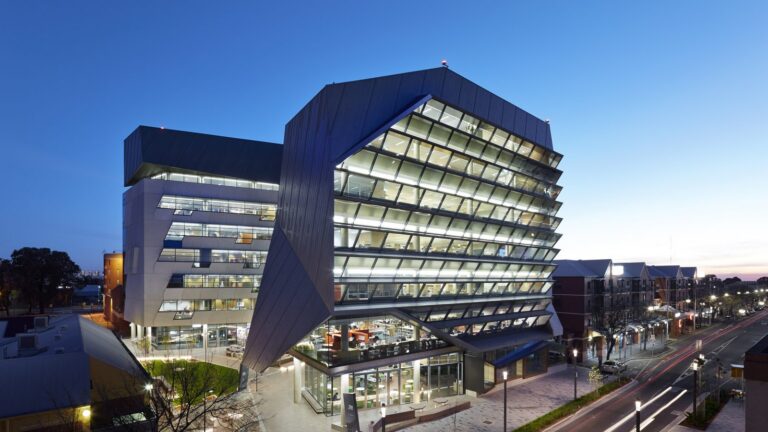 The Jeffrey Smart Building at Adelaide University at dusk